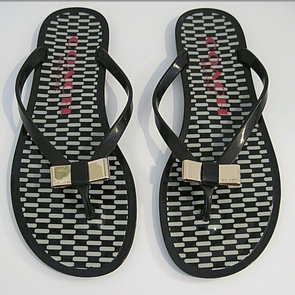 Women's Coach Landon Black Jelly Thong Flip Flop Sandals with Gold Bow, size 8.5 - Picture 1 of 13